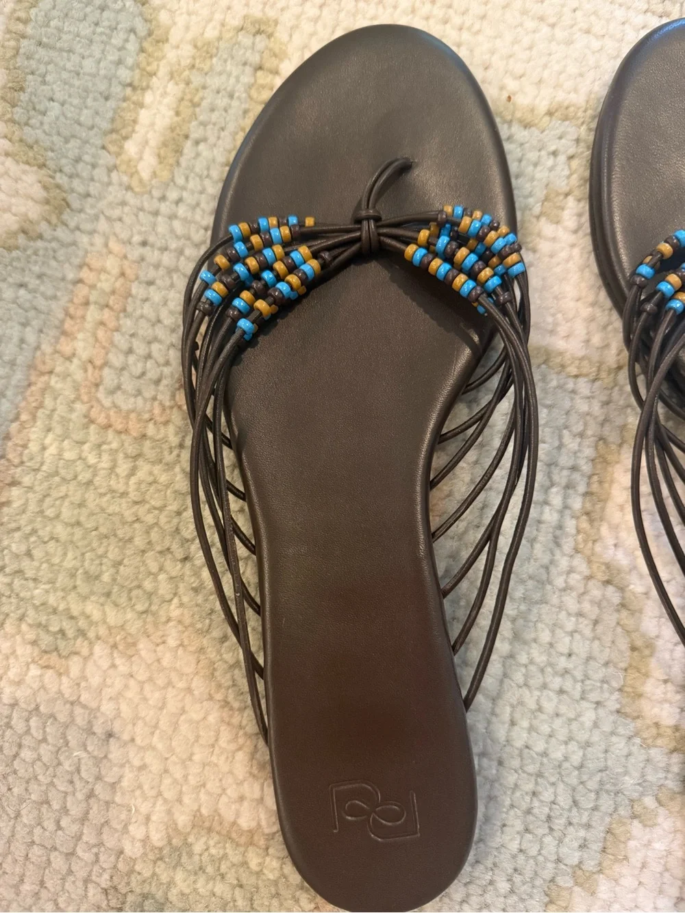 BRAND NEW, Reformation Jessica Flat Thong Sandal, Brown with Blue & Orange Beads